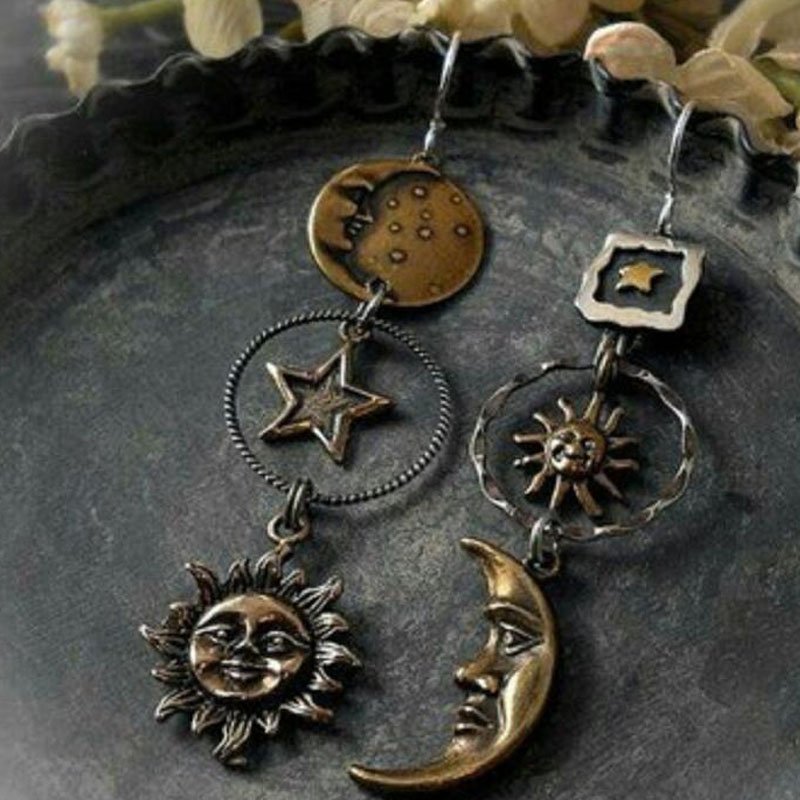 Retro Five-pointed Star Sun And Moon Long Pendant Earrings