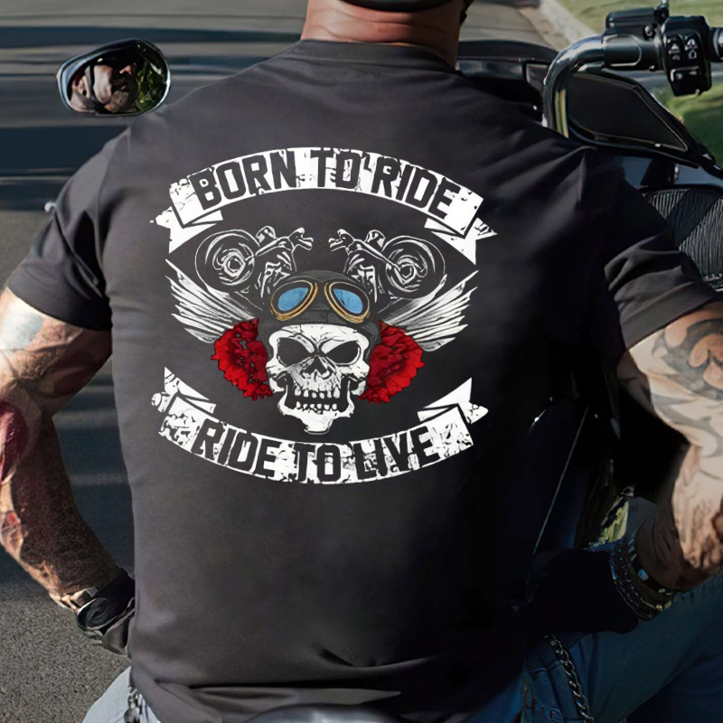 Born To Ride Ride To Live Funny Skull Print T-shirt