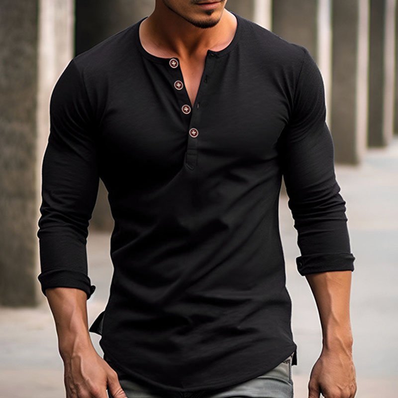 Men Outdoor Slim-Fit Crew Neck Long Sleeve Button Down Henley Tee