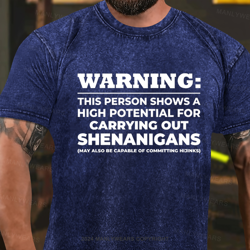 Warning:this Person Shows A High Potential For Carrying Out Shenanigans (may Also Be Capable Of Committing Hijinks) Washed T-Shirt