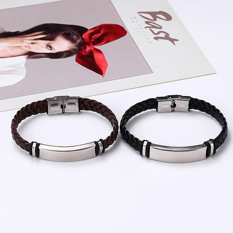 Braided leather titanium steel bracelet