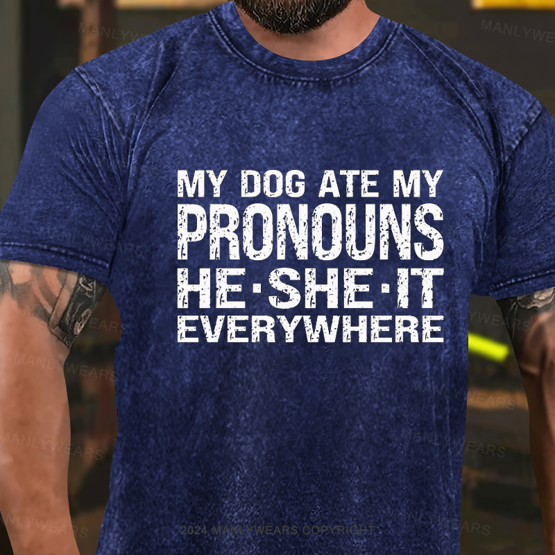 My Dog Ate My Pronouns He She It Everywhere Washed T-Shirt