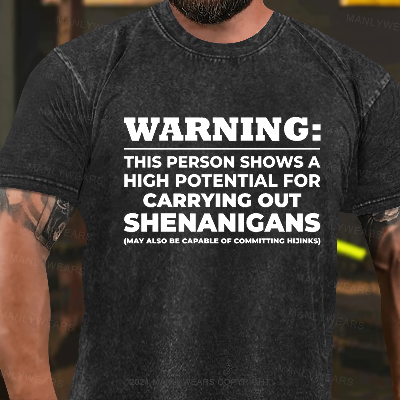 Warning:this Person Shows A High Potential For Carrying Out Shenanigans (may Also Be Capable Of Committing Hijinks) Washed T-Shirt