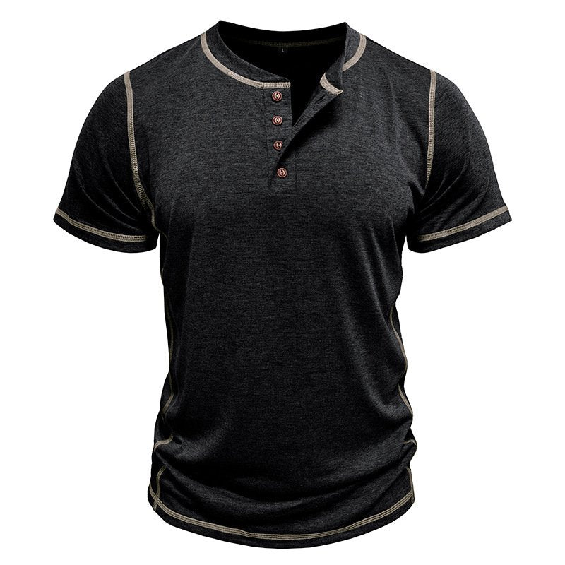 Men's Casual Henley Neck Striped Retro Short Sleeve T-Shirts