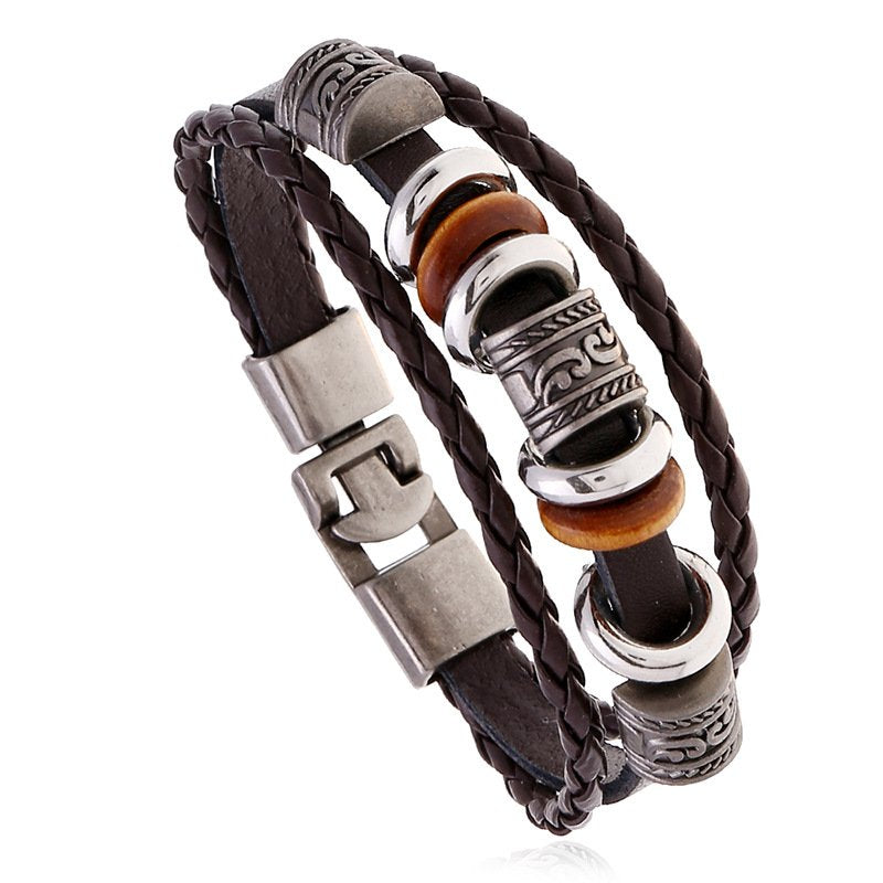 Hand-beaded layered leather bracelet