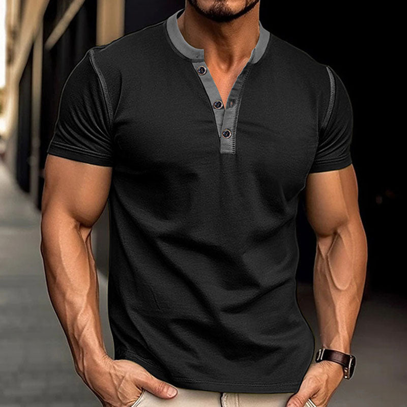 Men's Casual Henley Shirts Classic Button Cotton Short Sleeve T-Shirt