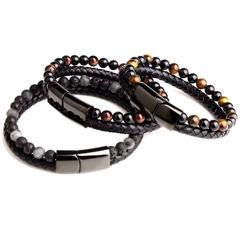 Double Tiger Eye Lava Stone Beaded Bracelet