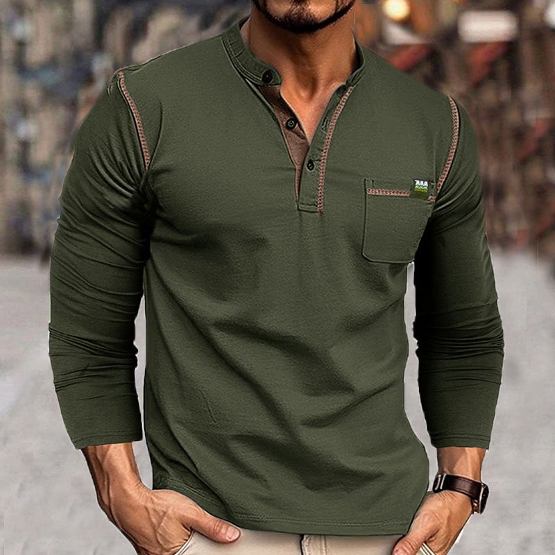 Casual Loose Henley Collar Plain Long Sleeve T-Shirt