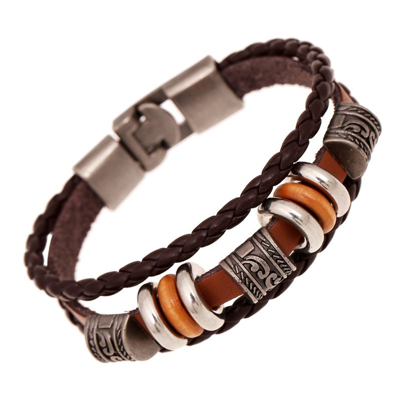 Hand-beaded layered leather bracelet