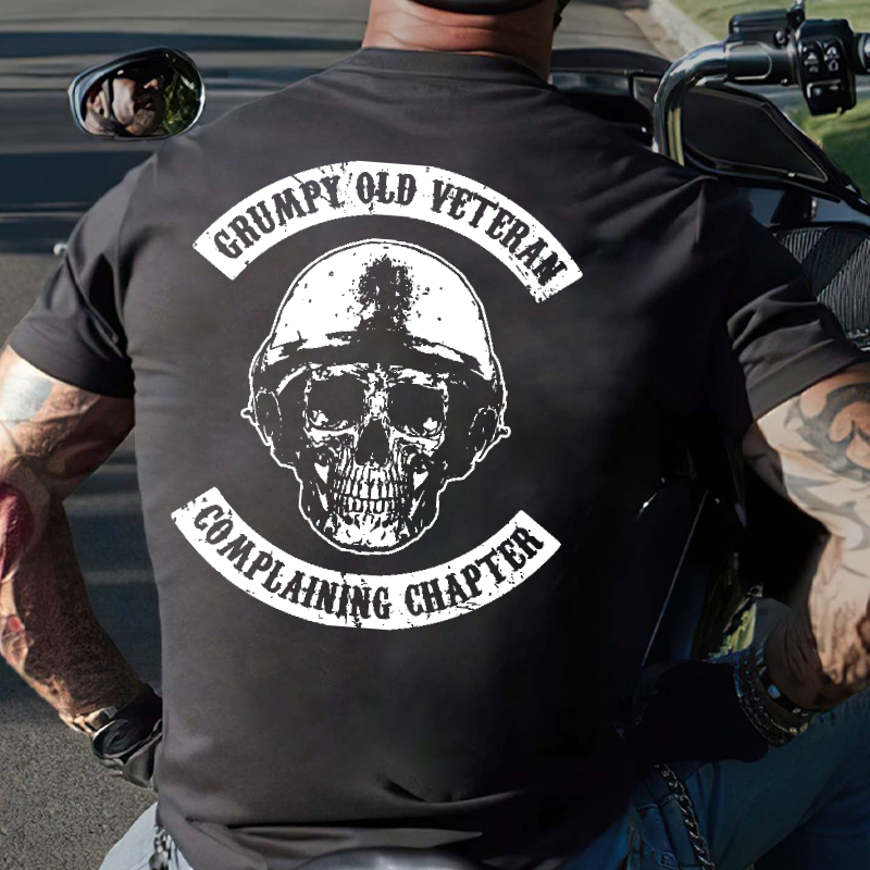 Grumpy Old Veteran Complaining Chapter Skull Print Motorcycle T-shirt