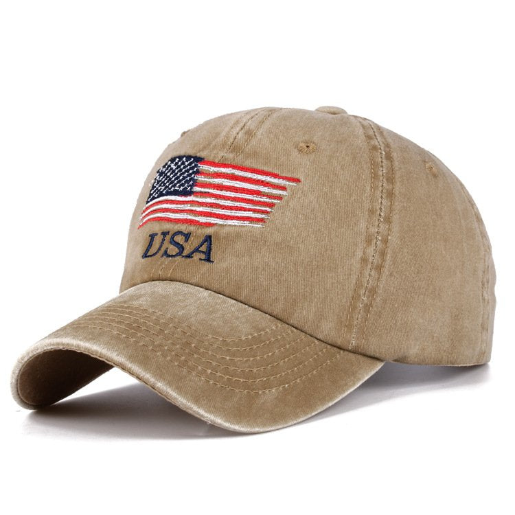 American Flag Embroidered Washed Baseball Cap