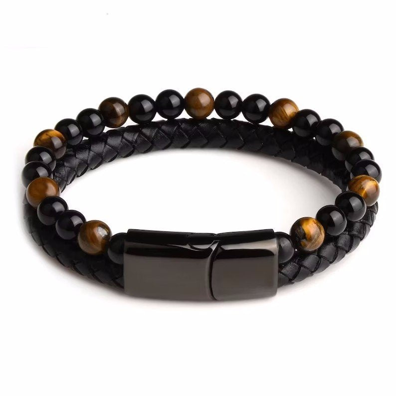 Double Tiger Eye Lava Stone Beaded Bracelet