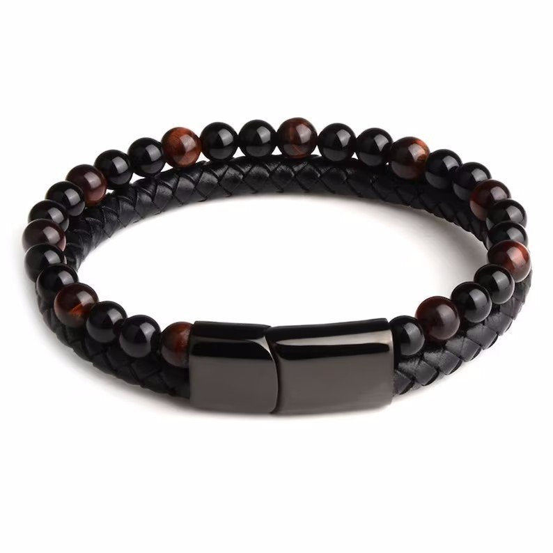 Double Tiger Eye Lava Stone Beaded Bracelet