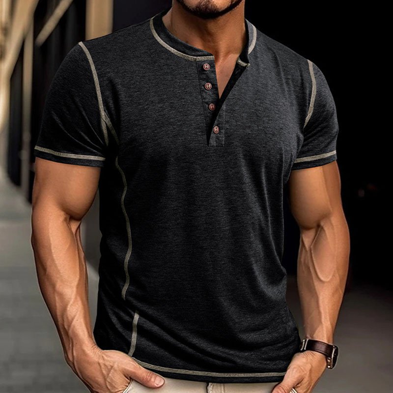 Men's Casual Henley Neck Striped Retro Short Sleeve T-Shirts