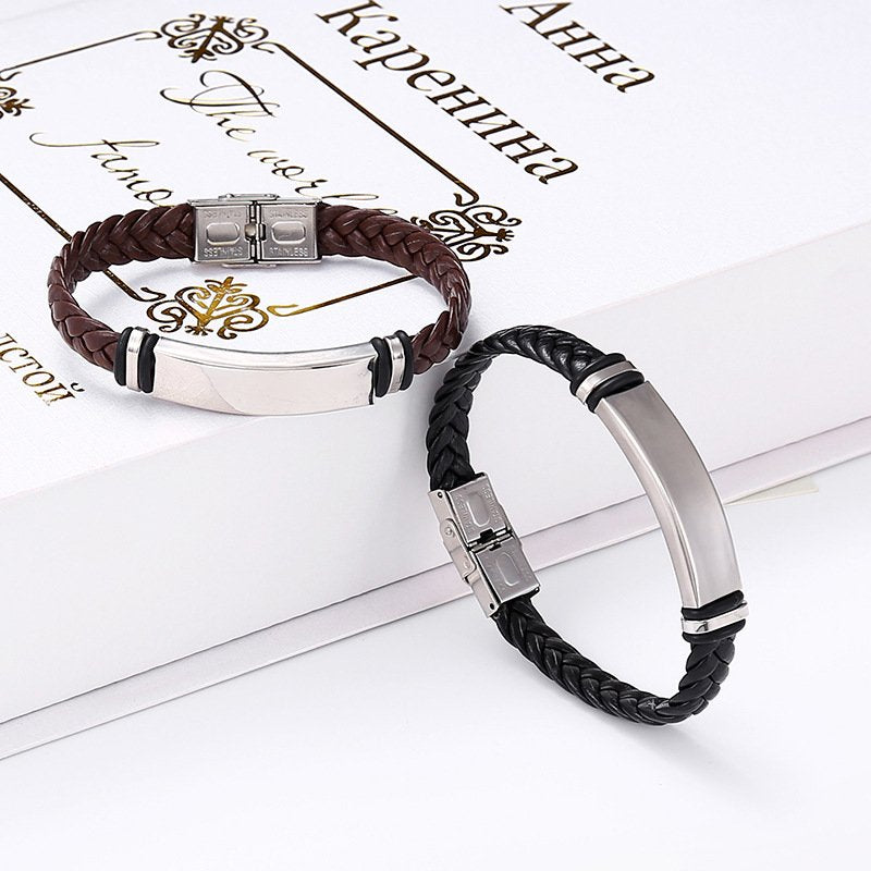 Braided leather titanium steel bracelet