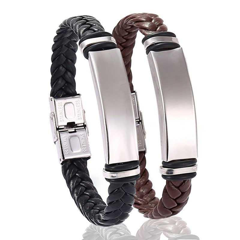 Braided leather titanium steel bracelet