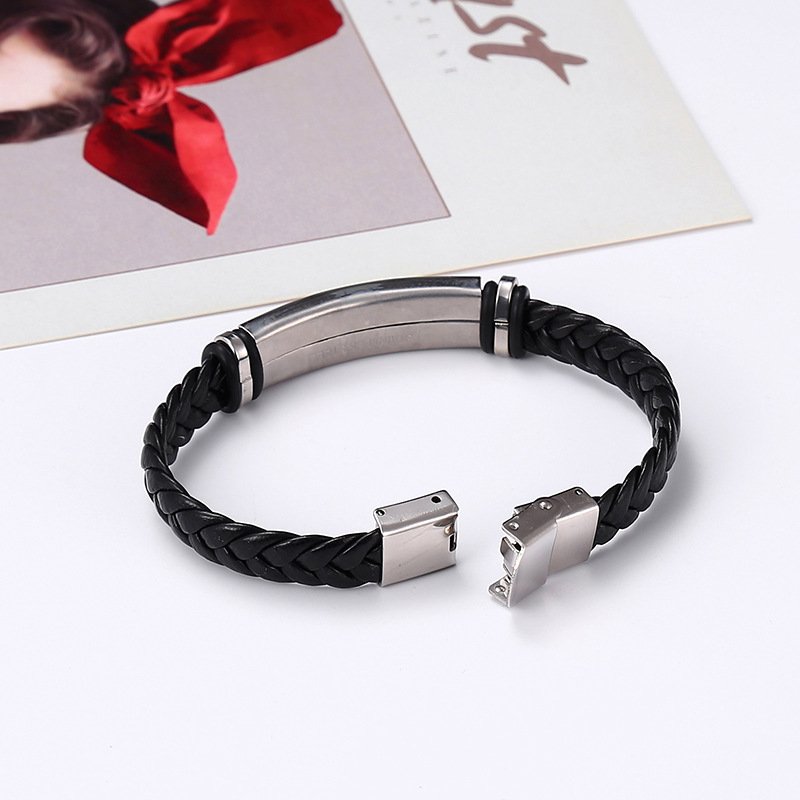 Braided leather titanium steel bracelet