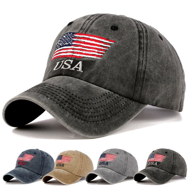 American Flag Embroidered Washed Baseball Cap