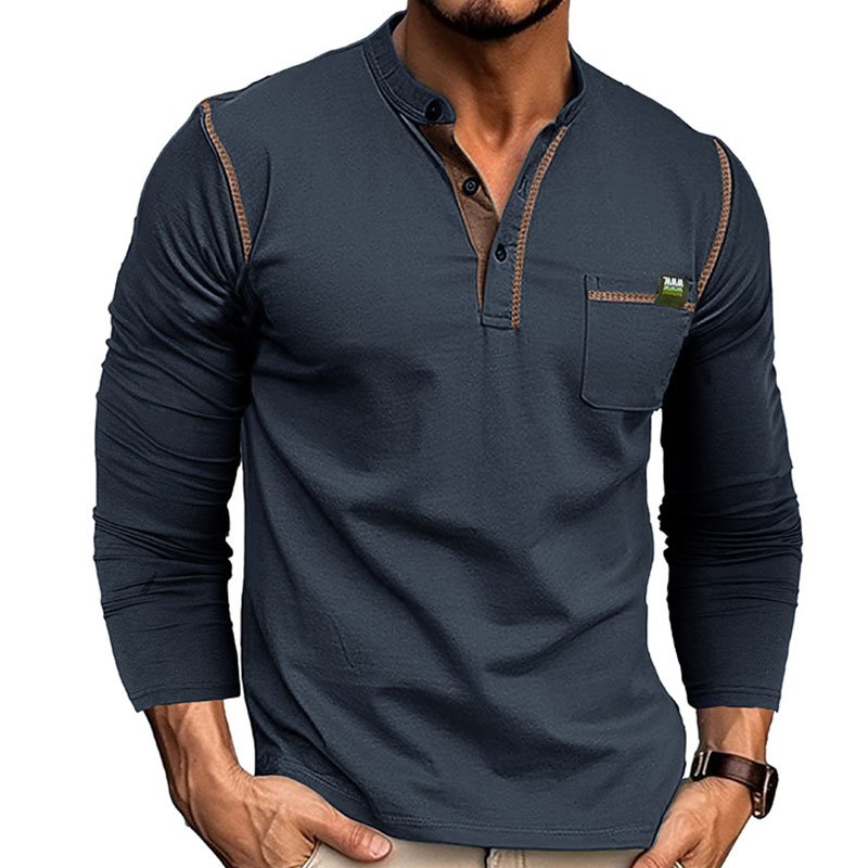 Casual Loose Henley Collar Plain Long Sleeve T-Shirt